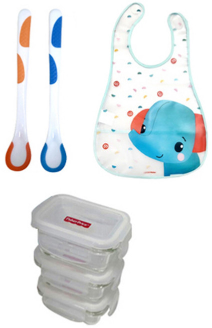 피셔프라이스 온도감지이유스푼 2p + 유리밀폐이유식용기 3p + 이유식동물턱받이 블루 코끼리 세트, 혼합색상, 1세트