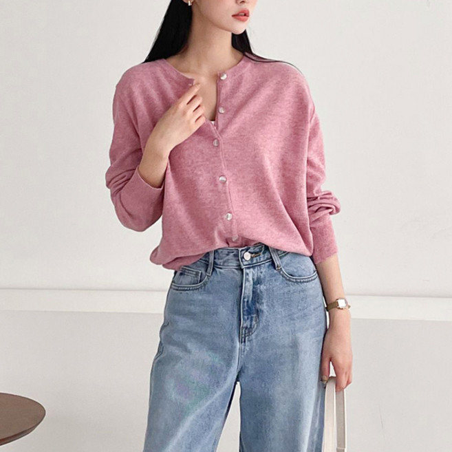 뜨개진 여성용 루즈핏 울 심플 베이직 라운드 니트 웨스터 가디건