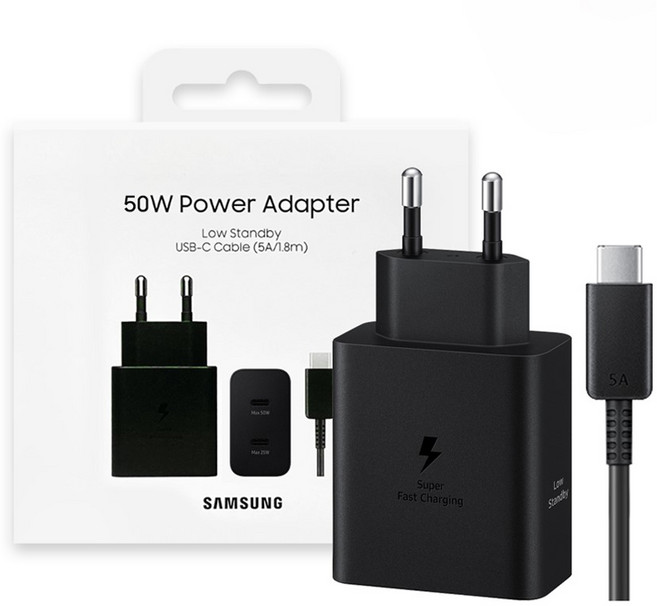 삼성전자 50W 초고속 충전기 C타입 2포트 PD PPS 어댑터 + 1.8m 케이블포함, 블랙, 1세트