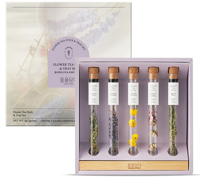 꽃을담다 꽃 차 선물세트, 플라워티스틱 5종 + 트레이 + 쇼핑백, 1세트