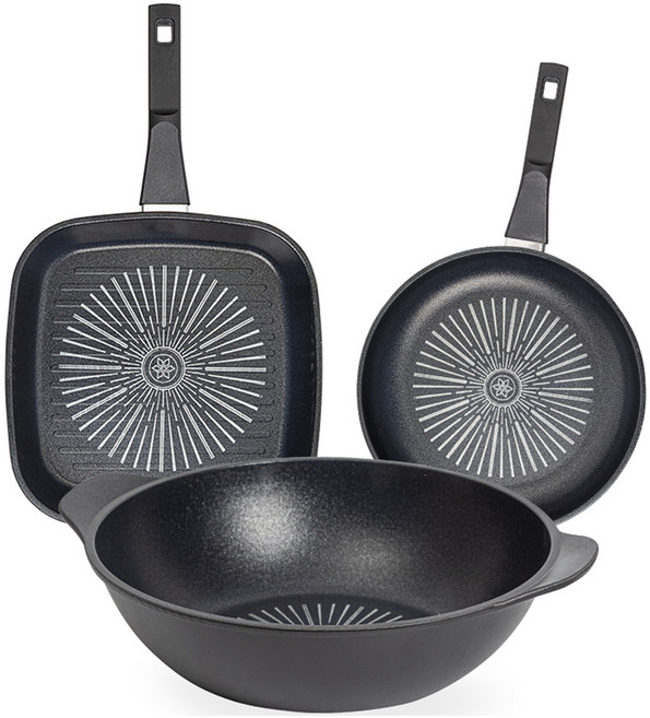 인터쿡 클래식 후라이팬 세트 3개, 블랙, 사각팬 27cm + 후라이팬 20cm + 파티웍 28cm, 1세트