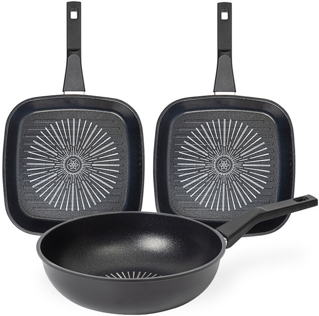 인터쿡 클래식 후라이팬 세트 3개, 블랙, 사각팬 27cm(2P) + 궁중팬 28cm(1P), 1세트