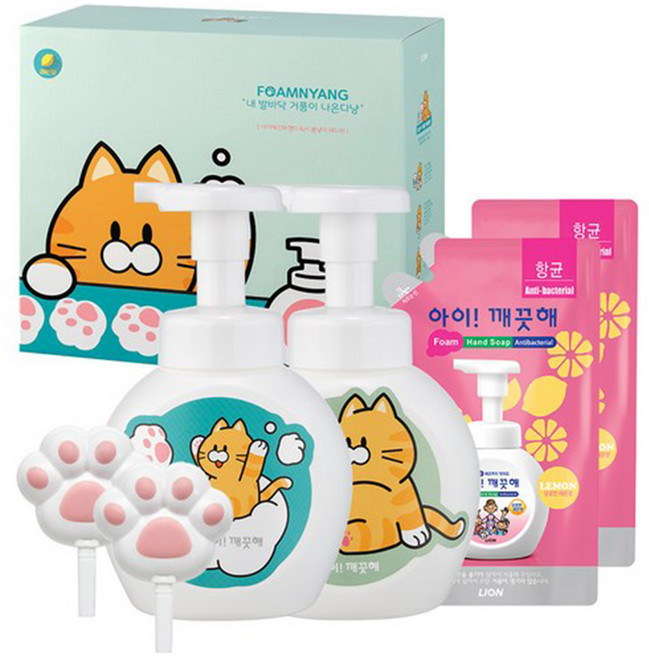 LION 獅王 趣淨 洗手慕斯 貓掌泡泡版 B款 檸檬香250ml 2瓶 + 補充包200ml 2包 + 貓掌泡泡壓頭 2個 + 貼紙 2張, 250ml, 1組