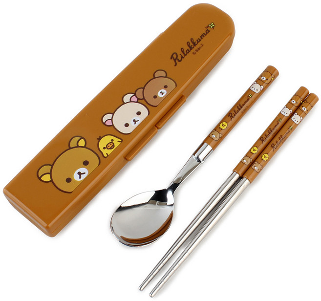 리락쿠마 뉴 슬림 수저 케이스 세트, 브라운, 숟가락 + 젓가락 + 케이스, 1세트