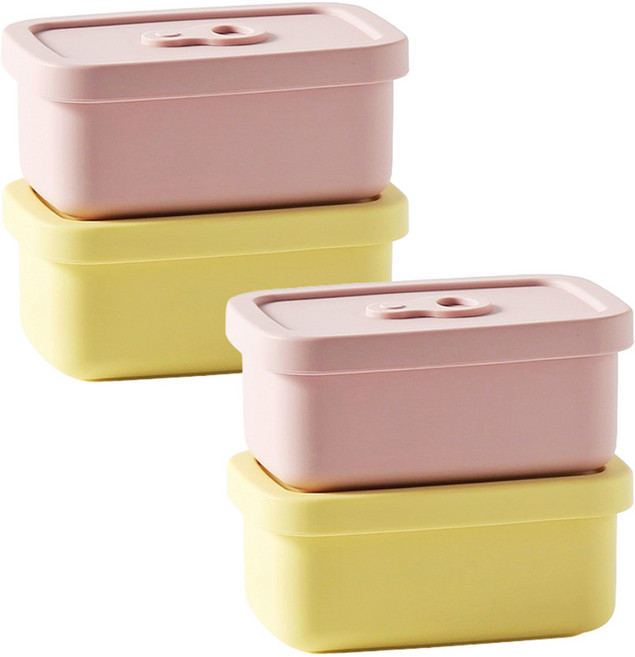 이지실리 실리콘 스팀홀 직사각 도시락 밥팩 밀폐용기 2종 x 2p 세트 M, 1세트, 밀폐용기 핑크 2p + 옐로우 2p