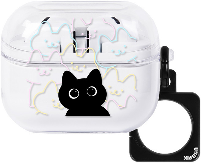 유스픽 버즈3 / 프로3 연결형 스퀘어링 클리어 케이스, 37 냥글냥글 검정냥글, 1개