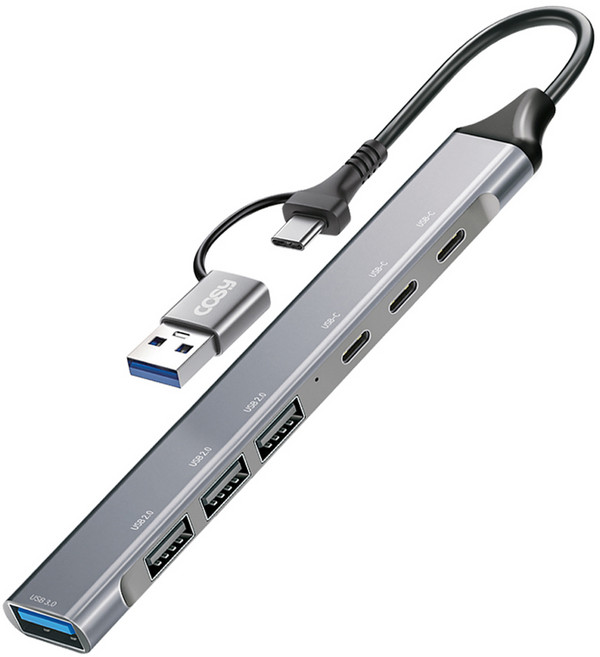 코시 듀얼 커넥터 USB 3.0 슬림 메탈 멀티허브 7포트 C타입 / A타입, 그레이, 1개
