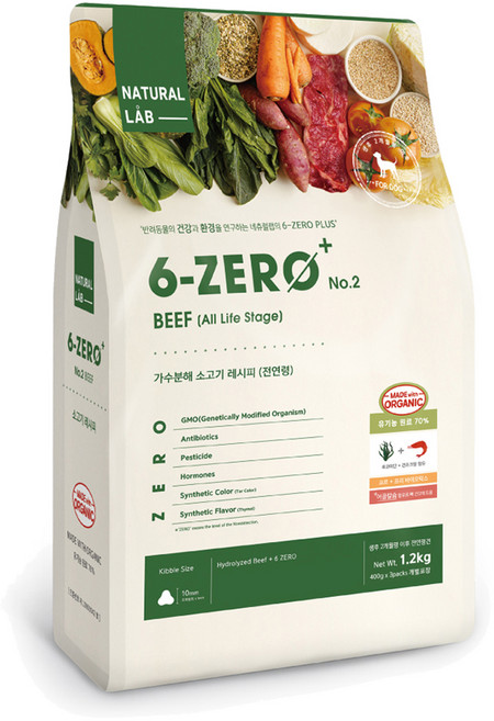 네츄럴랩 전연령 강아지 6 ZERO PLUS 2 유기농 건식사료, 소, 1.2kg, 1개