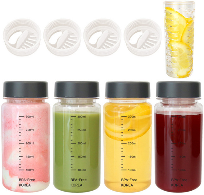 눈금표시 트라이탄 건강 계량물병 4p + 양조절캡 4p + 차거름망 1p, 그레이, 350ml, 1세트