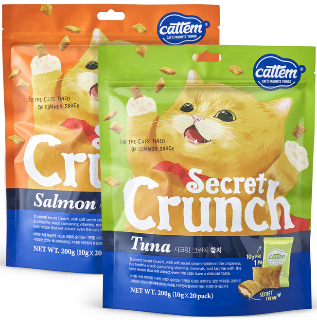 캣템 고양이 시크릿 크런치 간식 세트, 혼합맛(연어/참치), 400g, 1세트