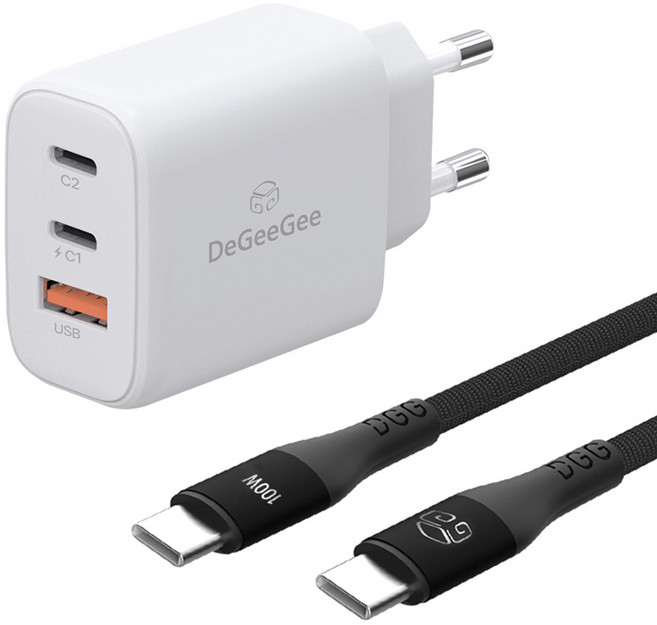 디지지 GaN 65W 3포트 PD PPS 초고속 충전기 + C to C 100W 초고속 케이블 2m 세트, 화이트(충전기), 블랙(케이블), 1세트