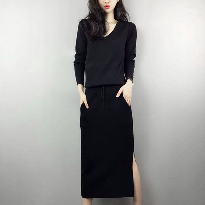 Goodif 女款高腰V領針織中長洋裝 含大尺碼, 黑色