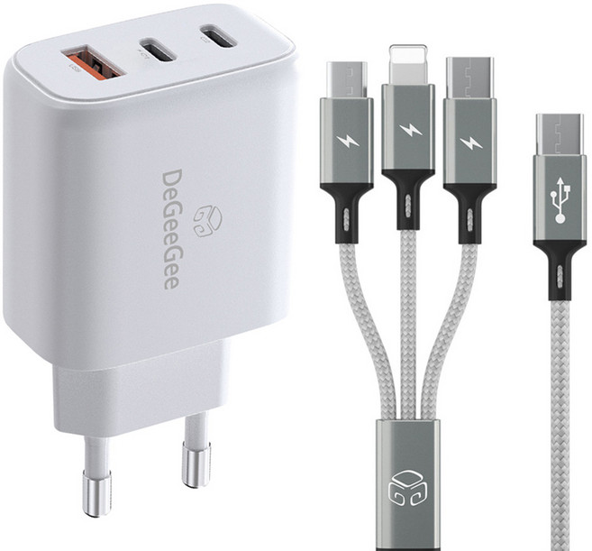 디지지 GaN 65W 3포트 PD PPS 초고속 충전기 + 3in1 PD 고속 멀티 케이블 200cm 세트, 화이트(아답터), 메탈실버(케이블), 1세트