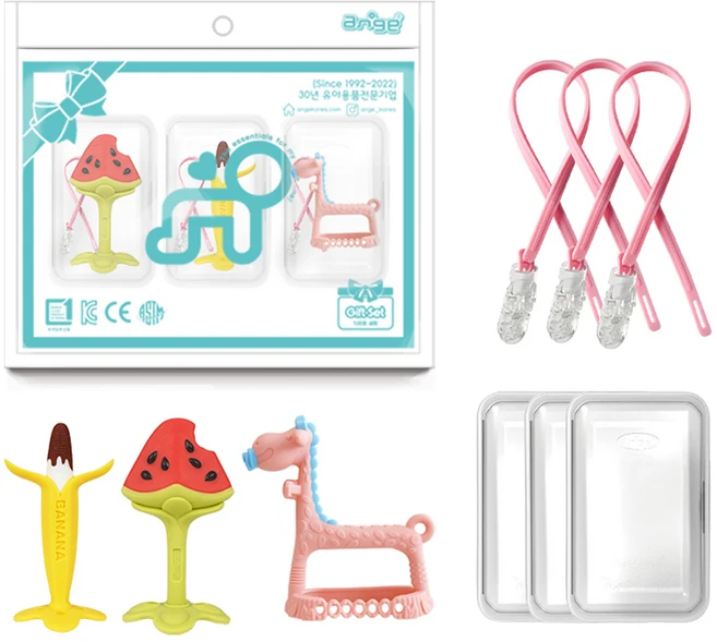앙쥬 3D 손목 기린 치발기 3종 세트, 3D기린 핑크 + 초코 바나나 + 3D수박, 혼합색상, 1세트 - 쿠팡