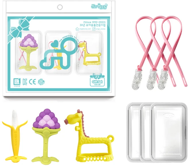 앙쥬 3D 손목 기린 치발기 3종 세트, 3D기린 옐로우 + 바나나 + 3D포도, 혼합색상, 1세트 - 쿠팡