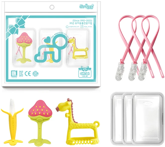 앙쥬 3D 손목 치발기 3종 세트, 3D기린 옐로우 + 바나나 + 3D딸기, 혼합색상, 1세트 - 쿠팡