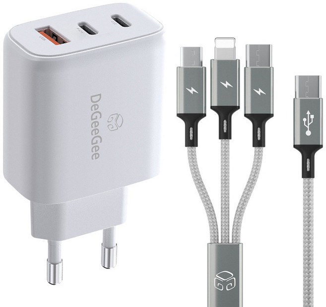 디지지 GaN 65W 3포트 PD PPS 초고속 충전기 + 3in1 PD 고속 멀티 케이블 150cm 세트, 화이트(아답터), 메탈실버(케이블), 1세트