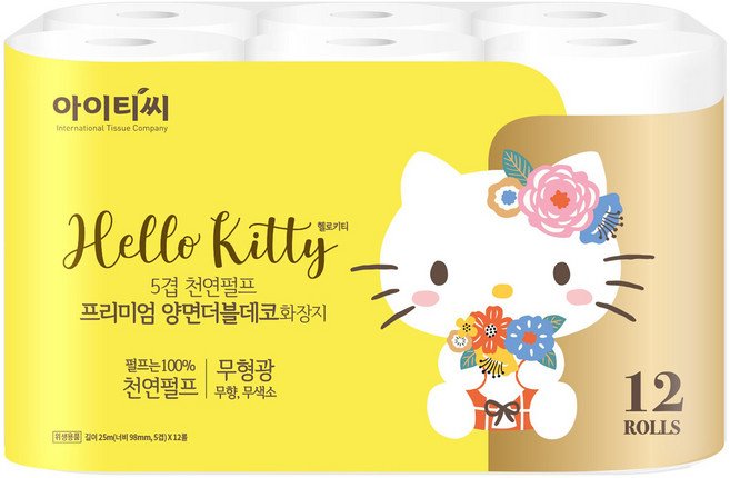 ITC 헬로키티 5겹 천연펄프 프리미엄 양면더블데코 고급롤화장지, 25m, 12개입, 1개