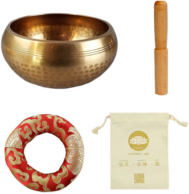 Topia 頌缽 冥想 西藏鐘 療癒樂器 缽 + 原木棒 + 隨機出貨底座 + 布袋套組, 單一商品