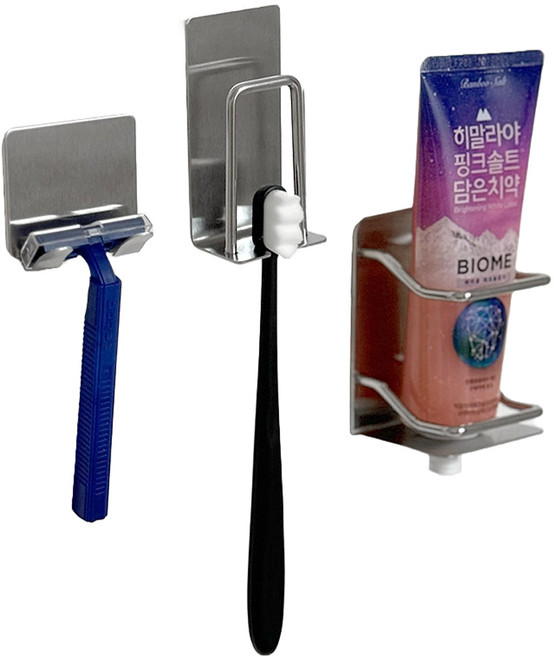 모나코올리브 무타공 패밀리 스텐 양치홀더 1인, 실버, 1세트