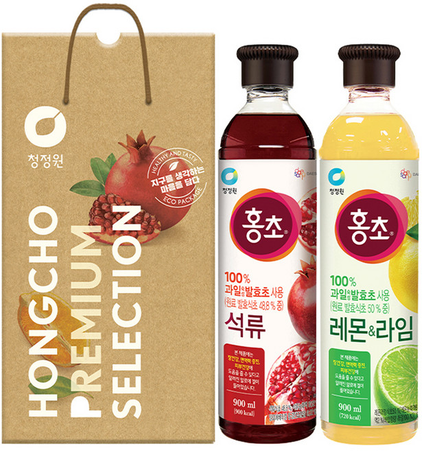 청정원 홍초 석류 900ml + 레몬 앤 라임 900ml 선물세트 2호 + 쇼핑백, 1세트