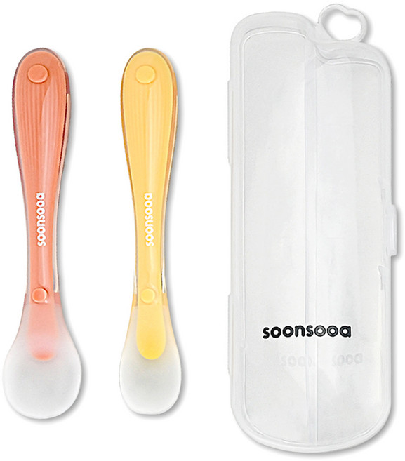 순수아 실리콘 이유식 스푼 2종 + 휴대용 케이스 세트, 핑크(스푼), 옐로우(스푼), 단일 색상(케이스), 1세트