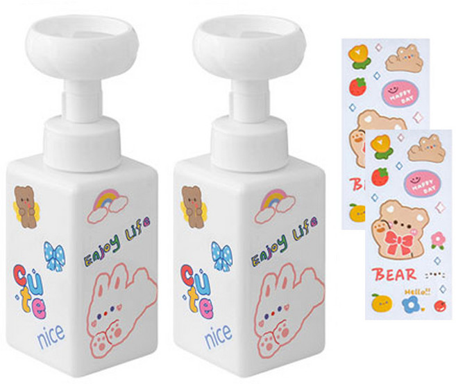 더자카 플라워 거품 핸드워시 디스펜서 2p 450ml + 스티커2p 랜덤발송, 화이트, 1세트
