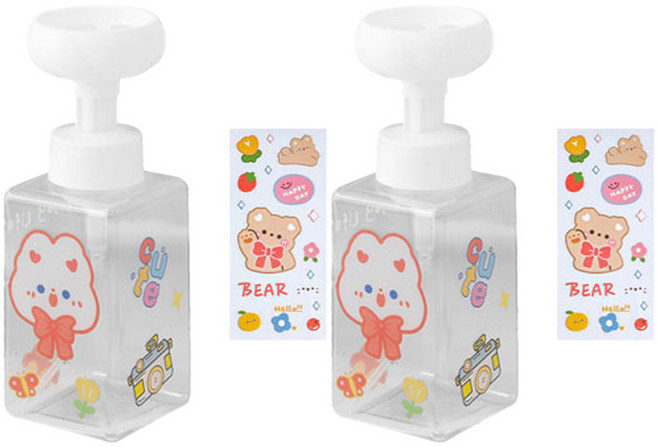 더자카 플라워 거품 핸드워시 디스펜서 2p 450ml + 스티커2p 랜덤발송, 투명, 1세트