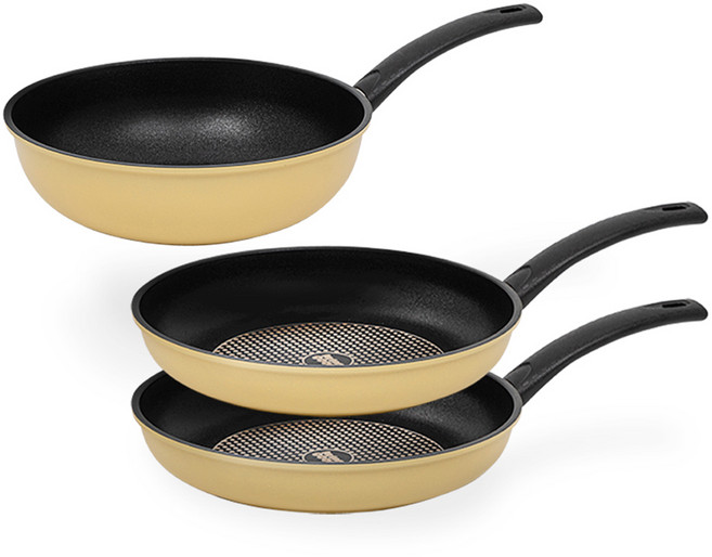 인터쿡 다이아몬드 후라이팬 세트, 옐로우, 후라이팬 28cm 2p + 궁중팬 28cm, 3개