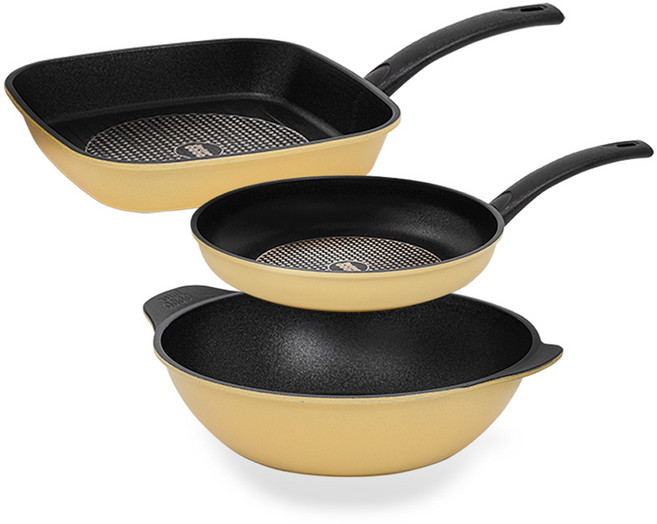 인터쿡 다이아 후라이팬 세트 3개, 옐로우, 사각팬 27cm + 후라이팬 24cm + 파티웍 28cm, 1세트