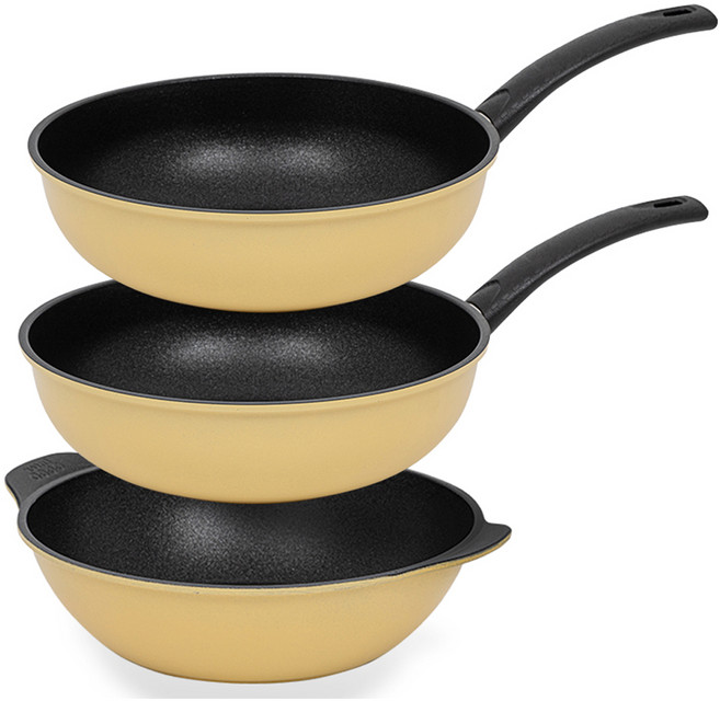 인터쿡 다이아 후라이팬 세트, 옐로우, 궁중팬 28cm 2p + 파티웍 28cm, 3개