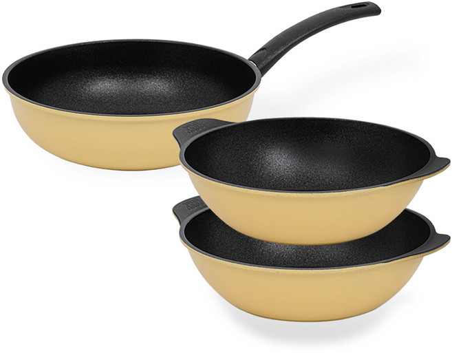 인터쿡 다이아 후라이팬 세트 3개, 옐로우, 궁중팬 28cm(1P) + 파티웍 28cm(2P), 1세트