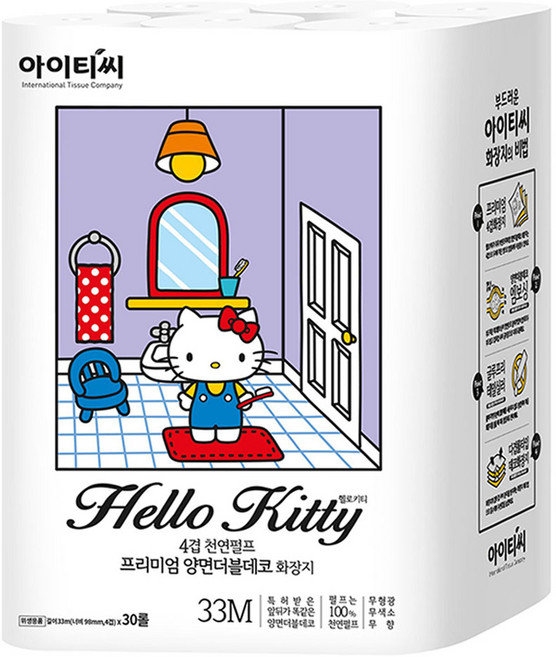 ITC 헬로키티 4겹 천연펄프 프리미엄 양면더블데코 고급롤화장지, 33m, 30개입, 1개