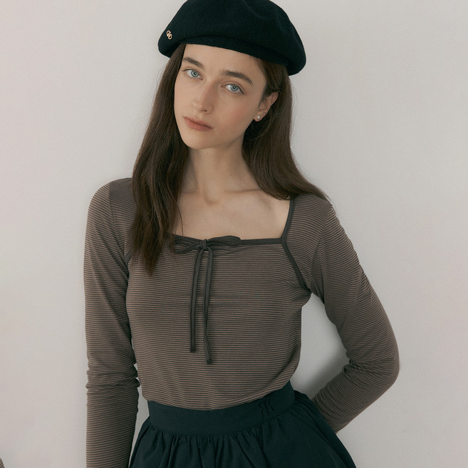 리올그 여성용 모르 스트라이프 스퀘어넥 리본 긴팔 티셔츠