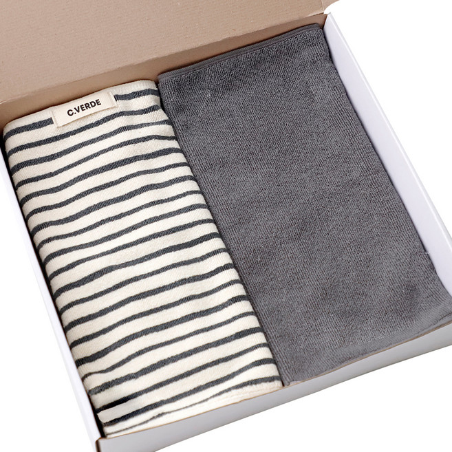 까사베르데 선염 런던 스트라이프 타월 발매트 20g 20수 코마사 + 고중량 심플 타월발매트 20g 면사 + 선물박스 세트, 그레이, 1세트