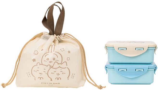 릴팡 먼작귀 콤팩트 2단도시락 파우치 세트, 스카이블루 + 베이지, 1세트