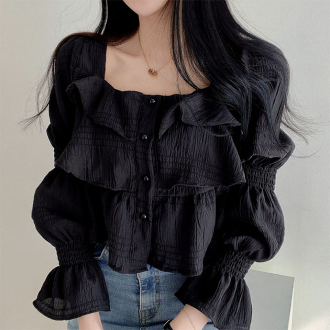 피어니스트 여성용 프렌치 넥 쉬폰 프릴 짧은 셔츠