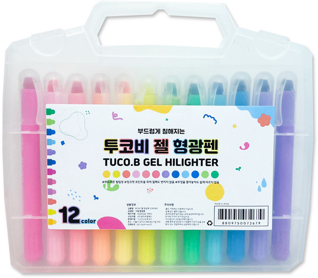 투코비 부드럽게 칠해지는 젤 형광펜 12종 세트, 혼합색상, 1세트