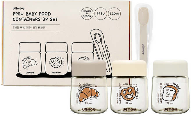 유비맘 PPSU 이유식 용기 + 스푼, 120ml, 초코 + 베이지 + 화이트, 3개