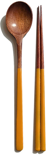 원형 4색 컬러 옻칠 원목 수저 세트, 옐로우, 1세트, 숟가락 + 젓가락