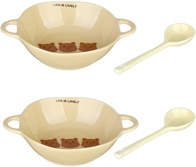 플라라 통통 손잡이볼 양손형 볼 2p + 스푼 2p 세트, 아이보리 곰세마리, 1세트
