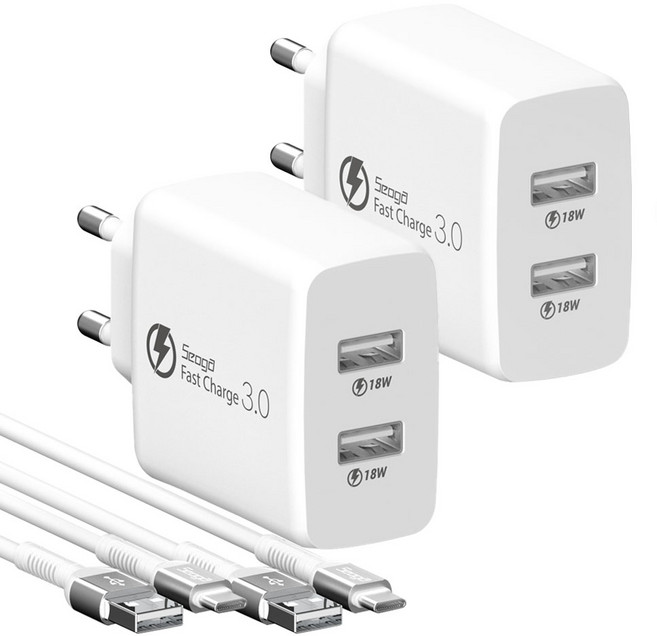 서가 36W 퀵차지 QC3.0 2포트 멀티 USB 고속 충전기 + 메탈 고강도 C타입 고속 케이블 1.5m 세트, 화이트, 2세트