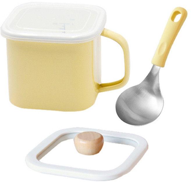 인덕션 법랑 냄비1.45L + 유리 뚜껑 + 서빙 국자 세트, 13.7cm, 옐로우 + 화이트, 1개