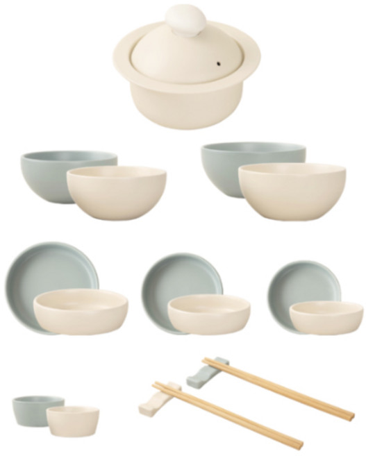 해피정코리아 몽글 계란찜기 1호 + 2인 식기 세트 17p, 크림, 하늘, 9종, 1세트