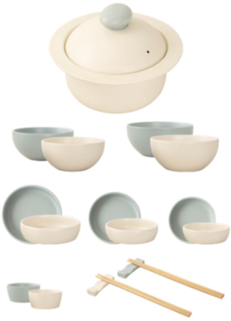 해피정 몽글 계란찜기 2호 + 2인 식기 세트 17p, 크림, 하늘, 9종, 1세트