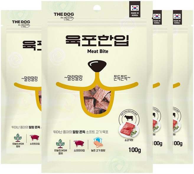 더독 소프트 생육 쫀득 강아지 간식 육포한입, 비프, 100g, 4개