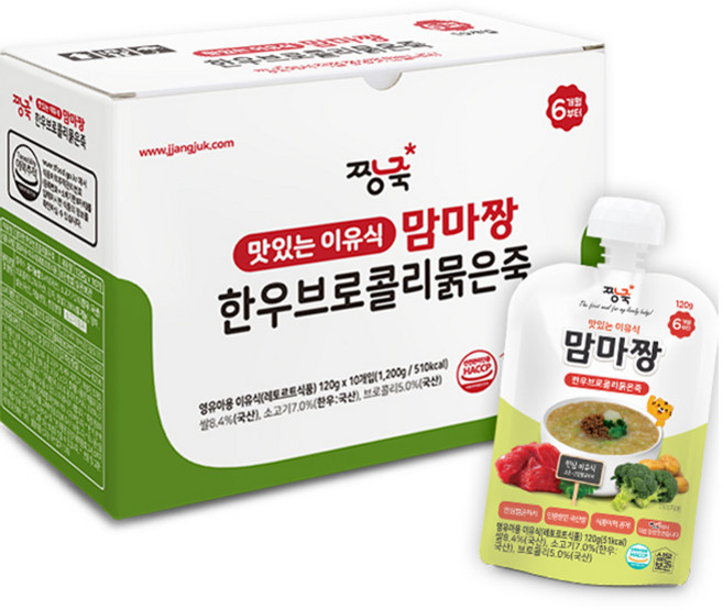 짱죽 맛있는 이유식 맘마짱 스파우트형 한우브로콜리묽은죽 6개월부터 10개입, 혼합맛(한우/브로콜리), 120g, 1개