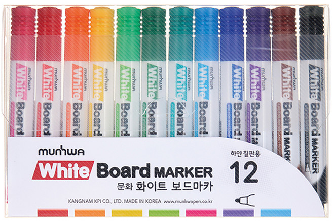 문화연필 화이트 보드마카 12종 세트, 검정, 갈색, 보라, 파랑, 밝은파랑, 청록, 초록, 연두, 노랑, 주황, 빨강, 분홍, 1세트
