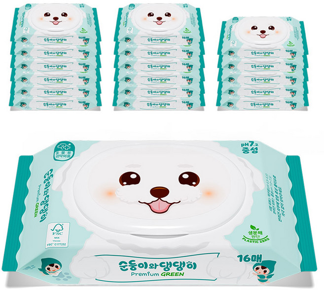 순둥이 반려동물 순둥이와 댕댕이 프리미엄 그린 중성 물티슈 휴대용, 16개입, 18개