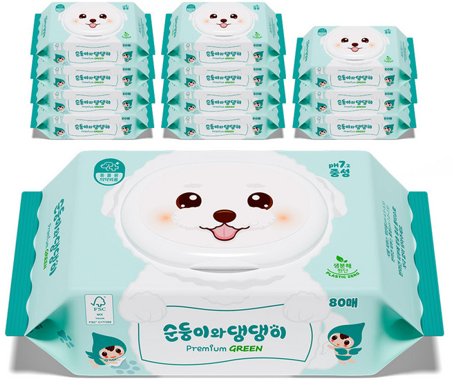 Soondoongi 順順兒 寵物順丁怡與狗狗高級綠色中性濕紙巾, 80入, 12個